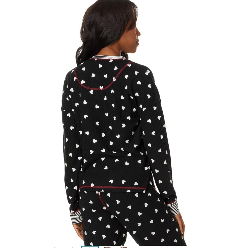 PJ Salvage Waffle Knit Heart Print Pajama Set‎ Black White Red Henley Joggers - Picture 3 of 15